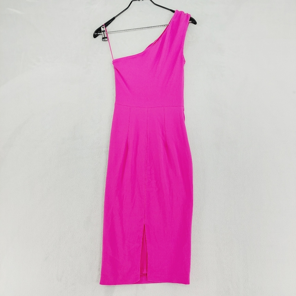 NEW Dress the Population Hot Pink Martine Stretch Crepe One-Shoulder Dress P7066 - Picture 5 of 9